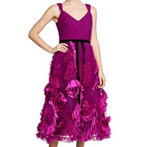 Marchesa Notte Sleeveless Mixed Media Textured Midi Dress, Size 2, Berry